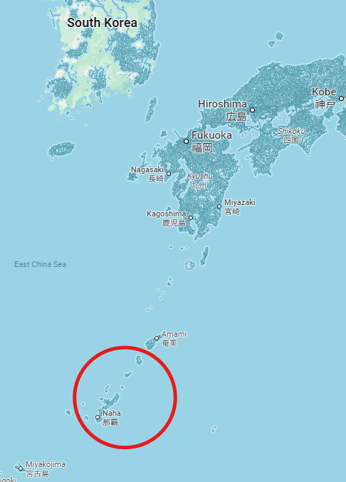 한반도 주변 해역 지도. 빨간색 동그라미 안이 오키나와다. 구글 지도 캡처