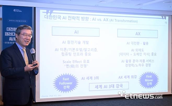 한국IT리더스포럼 9월 정기조찬회가 16일 서울 중구 프레스센터에서 열렸다. 주영섭 서울대 특임교수가 '대전환 시대의 패러다임 혁명과 AI·AX의 전략적 방향 - 피지컬 AI와 에이전트 AI를 중심으로'를 주제로 발표하고 있다. 박지호기자 jihopress@etnews.com