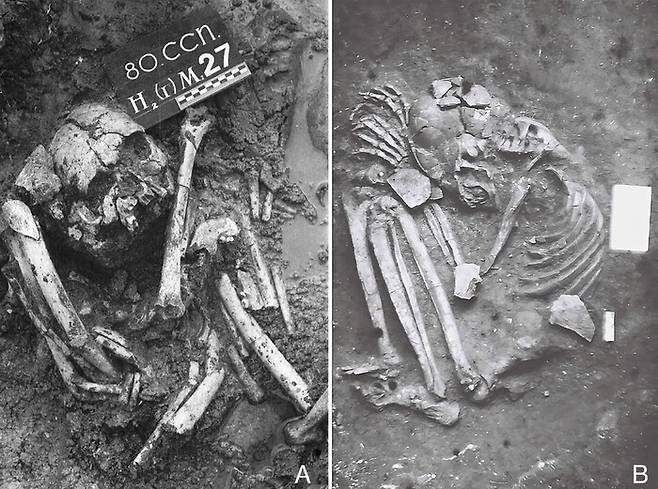 베트남 북쪽에서 발견된 매장 사례. 몸을 심하게 웅크리거나 쪼그린 자세로 묻혀져 있다. 연구 논문 제공