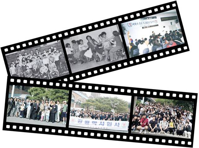 1. 1975년 1기 새강원의숙 입사생 강원도청 방문 당시 사진. 2. 1978년 제4회 의숙의 밤 모습. 3. 2003년 사식 및 여학사(현 난설헌관) 준공식. 4. 2006년 진행된 입사 1기 사생들의 홈커밍 행사. 5. 2017년 강원학사 입사식. 6. 2024년 강원학사 열음제.