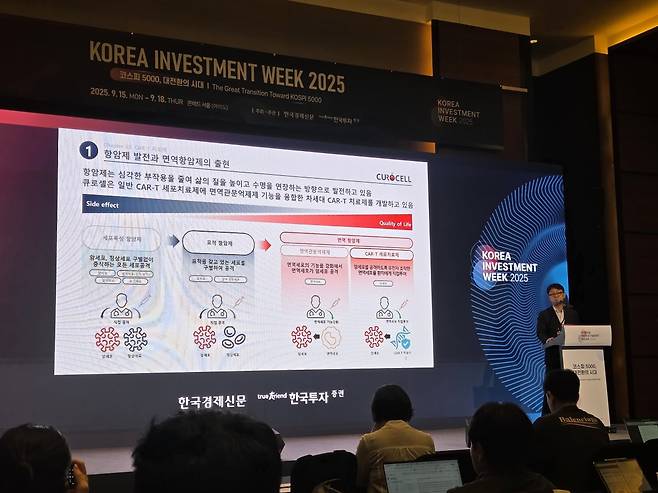 김건수 큐로셀 대표가 16일 서울 여의도 콘래드 호텔에서 개최된 ‘코리아 인베스트먼트 위크(KIW) 2025’에 참석해 발표에 나섰다. /사진=이민형 기자