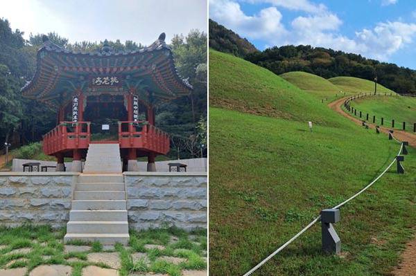부산 연제구는 배산에 시민 쉼터 역할을 할 전통정자 ‘도화정’을 만들었다. 오른쪽 사진은 연산동 고분군.