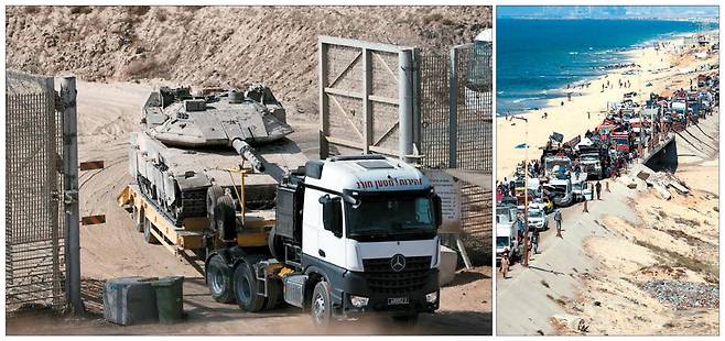 가자 향하는 탱크…주민들 긴급 대피15일(현지시간) 이스라엘군 탱크가 대형 트럭에 실려 가자지구 국경지대 철문을 통과해 가자지구 내부로 옮겨지고 있다(왼쪽). 전날 가자지구 중부 누세이라트 난민촌 지역 도로에서 피란민들이 이스라엘의 가자시티 대피 명령에 따라 남쪽으로 이동하고 있다.  EPAAFP연합뉴스