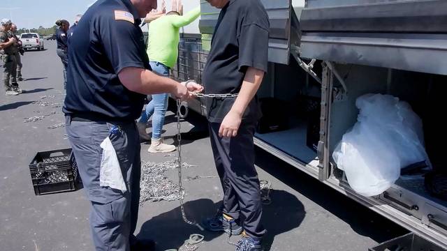 지난 4일 미국 조지아주 엘러벨에 위치한 현대차그룹-LG에너지솔루션 합작 배터리공장에서 체포된 한국인 직원이 미 이민 당국 요원에 의해 쇠사슬로 결박당하고 있다.  로이터 연합뉴스