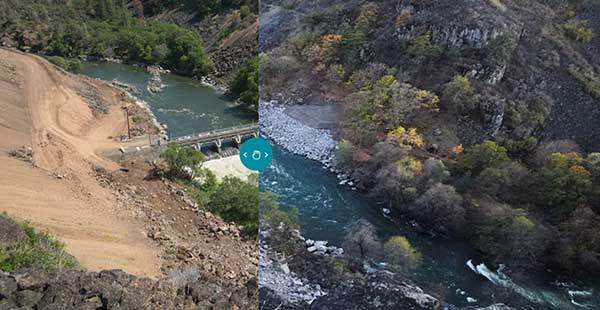클래머스강의 댐 한 곳의 철거 전(좌)과 후(우)의 비교 사진. 사진 셰인 앤더슨