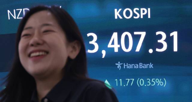 코스피 3,400선 마감 (서울=연합뉴스) 김인철 기자 = 15일 서울 중구 하나은행 딜링룸 현황판에 코스피 지수 등이 표시되고 있다. 이날 코스피 지수는 전 거래일 대비 11.77포인트(0.35%) 오른 3,407.31에, 코스닥은 5.61포인트(0.66%) 오른 852.69에 장을 마감했다. 2025.9.15 yatoya@yna.co.kr (끝) <저작권자(c) 연합뉴스, 무단 전재-재배포, AI 학습 및 활용 금지>