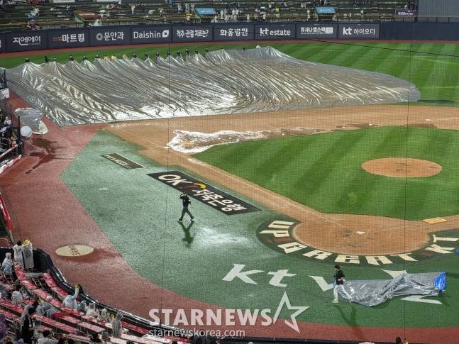 구장 그라운드 키퍼들이 16일 수원KT위즈파크에서 방수포를 걷고 있다. 하지만 그라운드에 물이 흥건히 남았다. /사진=김동윤 기자