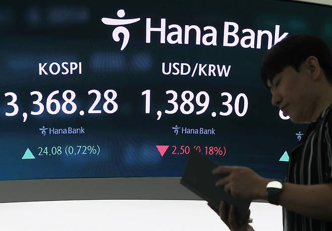 12일 서울 중구 하나은행 본점 딜링룸에서 직원들이 업무를 보고 있다. /연합뉴스