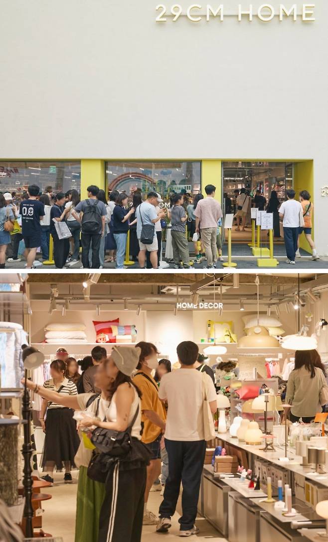 지난달 20일 서울 성수동에 문을 연 무신사 29CM의 라이프스타일 편집숍 ‘이구홈 성수’(위쪽 사진)를 찾은 방문객들이 매장을 둘러보고 있다(아래쪽 사진). 29CM 제공