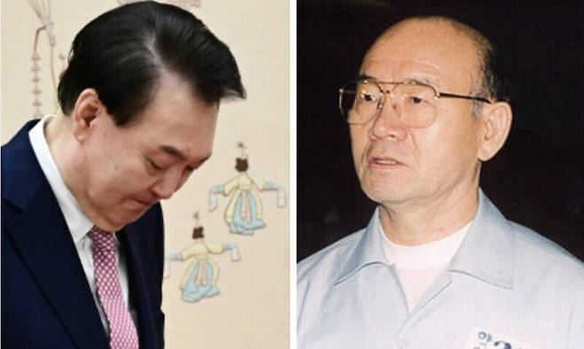 ‘내란 피의자’ 윤석열(왼쪽·대통령기자단), 내란죄로 무기징역을 선고받았던 전두환(한겨레 자료사진)