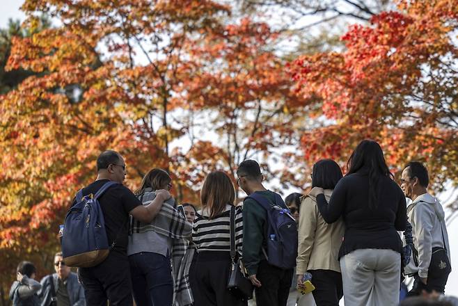 완연한 가을 날씨를 보인 지난해 10월 31일 서울 중구 남산을 찾은 여행객들이 울긋불긋 빛깔로 물든 단풍을 배경으로 사진찍고 있다. / 사진 = 뉴시스