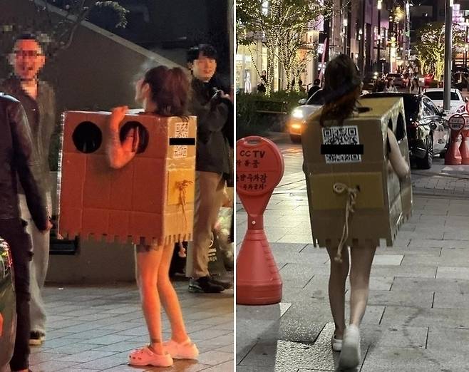 ‘압구정 박스녀’ 퍼포먼스 장면. 서울 압구정 거리에서 박스만 걸친 채 행인들과 접촉하는 모습. 독자 제공