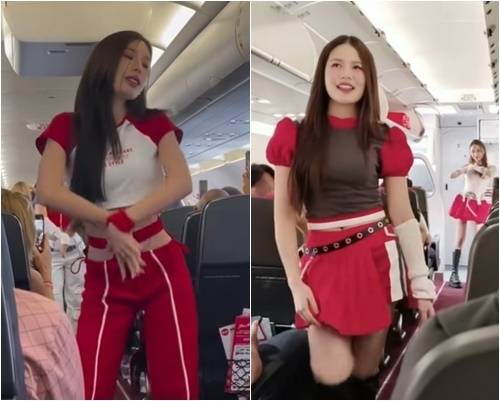 에어아시아 여성 승무원들이 비행 중 기내에서 댄스 공연을 한 영상이 확산됐다. 틱톡 캡처