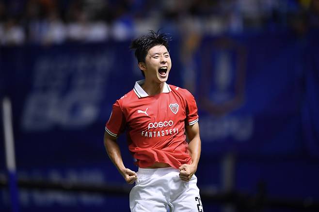 ▲ 포항스틸러스가 18일 태국 빠툼나이 BG스타디움에서 열린 2025-2026 아시아챔피언스리그2(ACL2) H조 예선 첫 경기에서 1-0승리를 거뒀다. 이동협 골 세리머니. 포항스틸러스