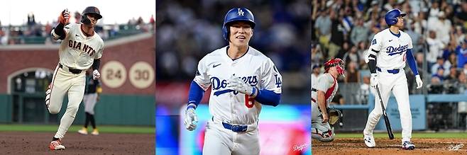 (왼쪽부터) 샌프란시스코 자이언츠 이정후, LA 다저스 김혜성과 오타니 쇼헤이. 사진 | 샌프란시스코 자이언츠·LA 다저스 SNS