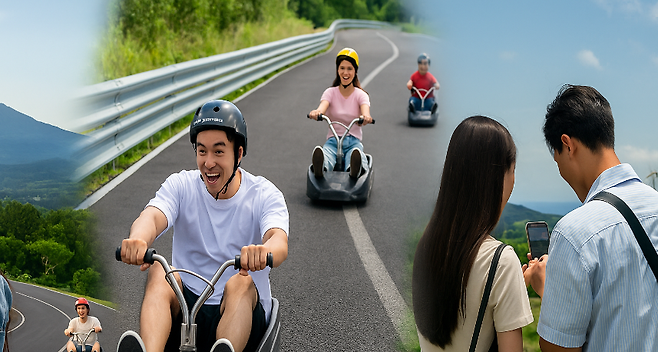 체험을 즐기고 곧장 공유하는 관광객들을 형상화한 장면. 제주 관광의 새로운 흐름을 보여준다.