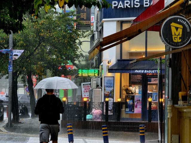 ▲ 17일 오후 강릉시 교동의 한 인도에서 장대비가 쏟아지자, 시민들이 우산을 쓰고 길을 걷고 있다.  황선우 기자