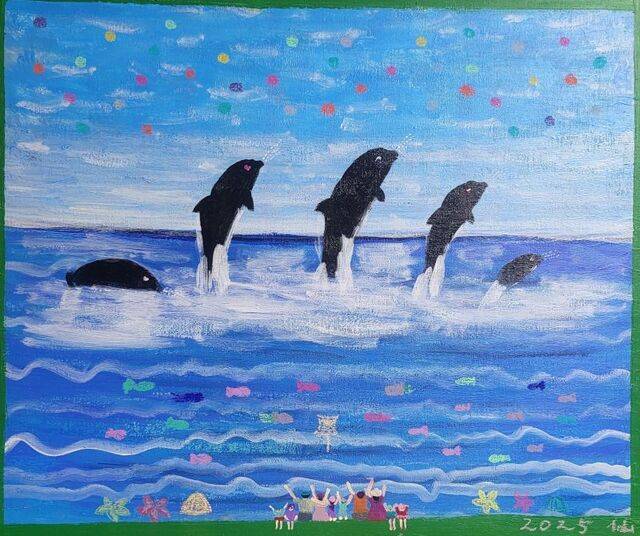 범고래가 바다에서 뛰어오르는 모습을 그린 김혜선 작가의 작품 ‘비상’. 사랑의교회미술인선교회 제공