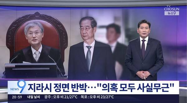 ▲윤정호 TV조선 앵커가 17일 저녁 뉴스9 오프닝멘트에서 조희대 대법원장의 한덕수 전 국무총리 회동설 사실무근 반박을 들어 아니면 말고식 폭로는 사라져야 하지 않느냐고 지적하고 있다. 사진=TV조선 뉴스9 영상 갈무리