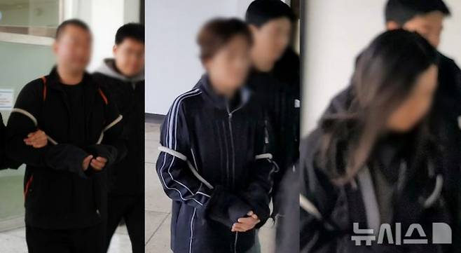 지난 2월 제주도 한 호텔에서 동포를 살해한 혐의를 받는 중국인 일당의 모습. 범행을 지시한 30대 여성(가운데)에 대해 법원이 무기징역을 선고했다. /사진=뉴시스