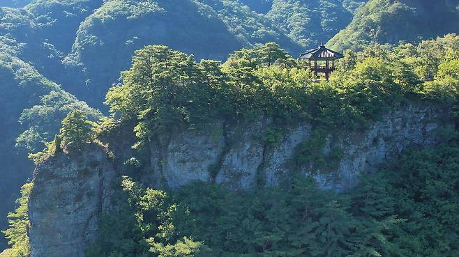 수직의 벼랑 밀성대 위에 세운 누각 밀성루. 홍건적의 난을 피해 내려온 공민왕이 군사훈련을 시키며 군령을 어긴 병사들을 여기서 밀어 떨어뜨렸다고 전한다.