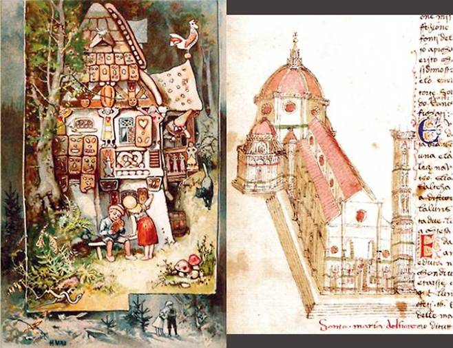 19세기 후반 일러스트레이터 헤르만 포겔이 그린 '핸젤과 그레텔'(왼쪽). '숲(forest)'의 어원은 '바깥쪽'이며, '외국의, 이질적인' foreign과 같은 어원인 것처럼 자신들이 사는 세상과 다른 곳이라 생각해다. 1450년 무렵에 수채화로 그린 '피렌체 두오모' 모습(오른쪽)에서 지붕에 달린 반구형 구조몰 '큐폴라(cupola)'가 도도인다. 큐폴라는 '둥근 지붕' 또는 '둥근 천장'을 뜻한다. 파피에 제공