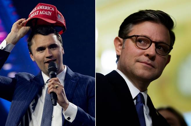 찰리 커크(왼쪽)와 마이크 존슨 미국 하원의장(오른쪽). 보수 청년운동가 커크 피살 사건 이후 공직자 경호 예산을 둘러싼 논란이 미 의회에서 격화되고 있다. 로이터·UPI 연합뉴스