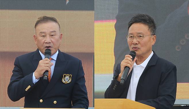 제3회 제주국제슈퍼컵카이트보딩대회(박성제 조직위원장)가 19일 제주시 구좌읍 종달리 해안에서 세계 15개국 선수단이 참석한 가운데 개막했다. 개회선언을 하고 있는 김총회 한국카이트보딩협회장(왼쪽)과 축사를 하고 있는 강홍구 대한요트협회 부회장. ⓒ제주의소리