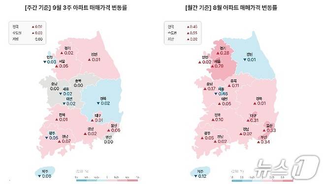 9월 셋째 주 전국 아파트 매매가격 변동률(부동산R114 제공)  뉴스1 ⓒ News1