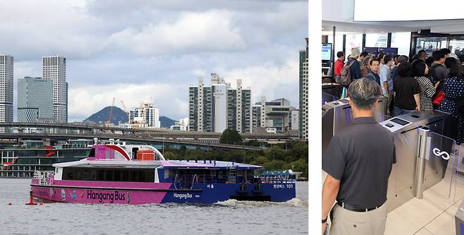 18일 오전 첫 운항을 시작한 한강버스(왼쪽 사진)를 타기 위해 시민들이 서울 송파구 잠실선착장에서 줄을 서고 있다. 한강버스는 마곡∼잠실 구간 7개 선착장을 오가며 운항하며, 추석 이후 출퇴근 시간대 급행 노선도 추가될 예정이다. 뉴스1