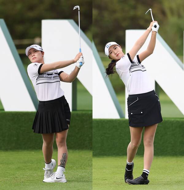 2025년 한국여자프로골프(KLPGA) 투어 하나금융그룹 챔피언십에 출전한 이다연, 박혜준 프로가 1라운드에서 경기하는 모습이다. 사진제공=KLPGA