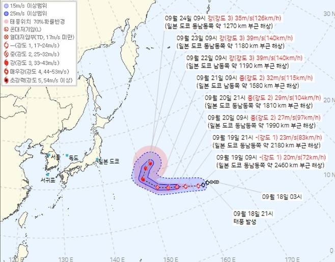 19호 태풍 너구리 예상 경로 (기상청 제공)