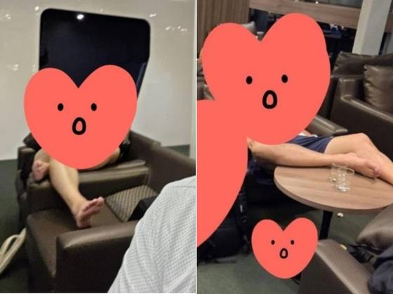 베트남 다낭 국제공항 라운지에서 맨발로 테이블에 발을 올린 채 쉬고 있는 한국인 여행객 모습. 사진 온라인 커뮤니티 캡처