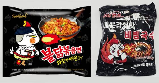 Samyang Foods’ popular Buldak Ramen, left, and North Korea’s “Spicy Kimchi Bibim Guksu.” [SAMYANG FOODS, KANG DONG-WAN]