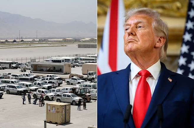 도널드 트럼프 미국 대통령(오른쪽)이 아프가니스탄 바그람 공군기지(왼쪽) 복귀 의지를 밝히며 논란이 커지고 있다. 로이터 연합뉴스