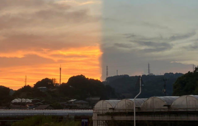 일본 오카야마현 구라시키시에서 포착된 ‘박명광선’ 현상. 사진=RSK산요방송 보도화면 캡처