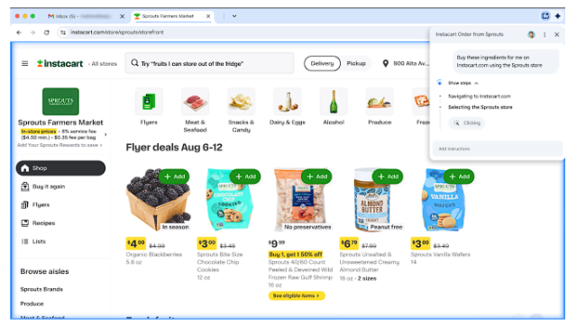 구글 크롬에 통합된 제미나이 AI 에이전트로 인스타카트에서 식료품을 쇼핑하는 장면. 사진제공=구글