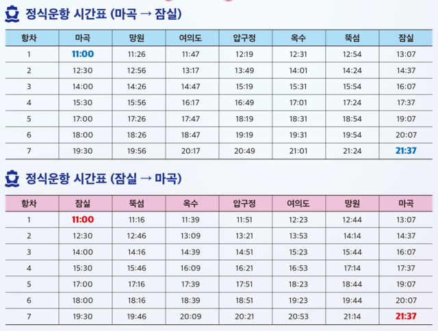 한강버스 정식운항 시간표. 서울시