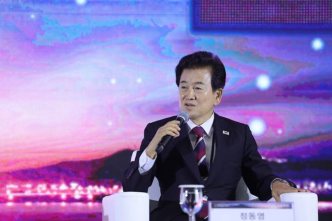 정동영 통일부장관이 19일 오전 경기도 파주시 캠프 그리브스에서 열린 9.19 평양공동선언 7주년 기념 토론회에서 발언하고 있다. ⓒ연합뉴스