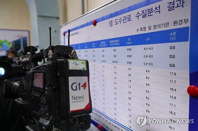 도암댐 수질은 (강릉=연합뉴스) 류호준 기자 = 19일 강원 강릉시 성산면 한국수력원자력 강릉수력발전소 내부에 도암댐 수질 검사 결과가 놓여 있다.
    강릉 가뭄 대응을 위해 20일 오후 도암댐 비상 방류가 예정돼 있다. 2025.9.19 ryu@yna.co.kr