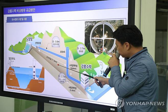 도암댐 비상 방류 임박 (강릉=연합뉴스) 류호준 기자 = 19일 강원 강릉시 성산면 한국수력원자력 강릉수력발전소에서 조상범 강릉수력발전소장이 평창 도암댐 방류 계획을 설명하고 있다.
    강릉 가뭄 대응을 위해 20일 오후 도암댐 비상 방류가 예정돼 있다. 2025.9.19 ryu@yna.co.kr