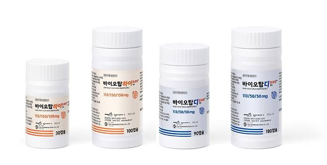 프로바이오틱스 일반의약품 '바이오탑' 포르테 시리즈(왼쪽부터 하이 포르테 2종, 디 포르테 2종).(한올바이오파마 제공)/뉴스1