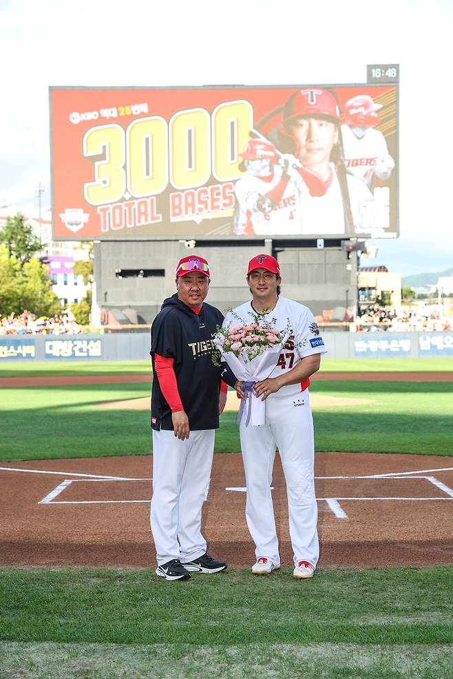 20일 광주-기아 챔피언스필드에서 열린 2025 NC-KIA전에 앞서 나성범의 통산 3000루타 달성 시상식이 열렸다. 사진 | KIA 타이거즈