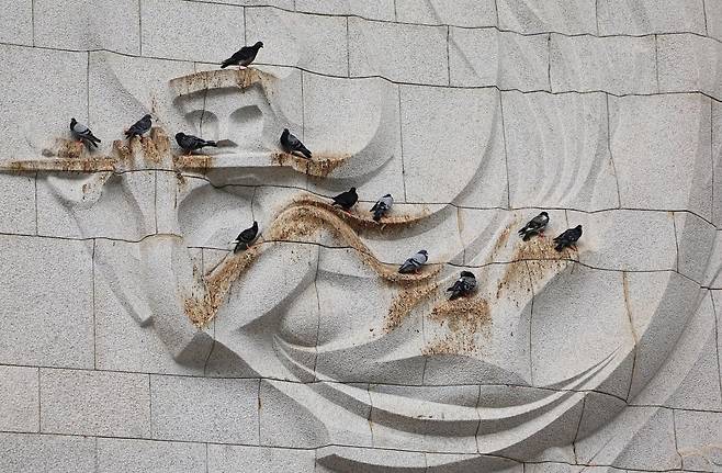 서울 종로구 세종문화회관 외벽 부조인 비천상이 비둘기 오물로 더럽혀져 있다.  /사진=연합뉴스