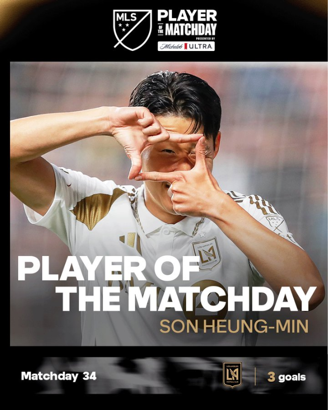 “해트트릭 히어로(Hat-trick hero).” 손흥민이 날아올랐다. 미국 무대에서 첫 공식 1호 해트트릭을 신고했다. 34라운드 이주의 선수에 선정되며 미국 정복에 본격 시동을 걸었다.  사진=MLS 공식 SNS