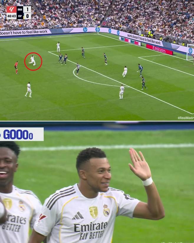 20일 산티아고 베르나베우에서 열린 에스파뇰과의 라리가 5라운드서 중거리 슈팅으로 추가 골을 넣고 환호하는 레알 음바페(아래). 사진=ESPN SNS
