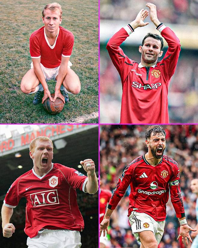 21일 기준 맨유 소속으로 통산 100골 이상을 터뜨린 미드필더 찰튼(왼쪽 위부터 시계방향으로) 긱스, 페르난데스, 스콜스. 사진=TNT 스포츠