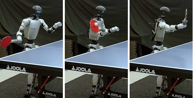 미국 UC버클리 연구진이 고안한 휴머노이드 연속 동작 사진. 라켓을 쥔 손을 적절한 위치·방향으로 옮긴 뒤(왼쪽 사진) 탁구공을 정확히 타격하고 있다(가운데 사진). 허리의 회전을 사용했기 때문에 공을 친 뒤에도 상체가 측면으로 비틀려 있다(오른쪽 사진). UC버클리 제공