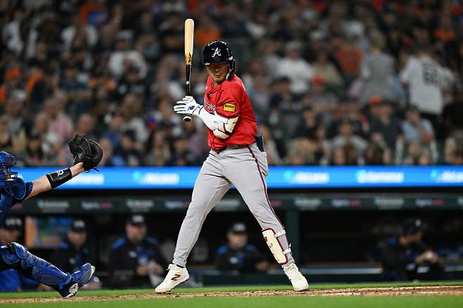 김하성(애틀랜타 브레이브스)이 팀의 극적인 역전승에 일조했다. 지난 19일(현지시각) 미국 미시간주 디트로이트 코메리카 파크에서 열린 2025 메이저리그(MLB) 디트로이트 타이거스와의 원정 경기 4회말 타석에 오른 김하성. /사진=로이터