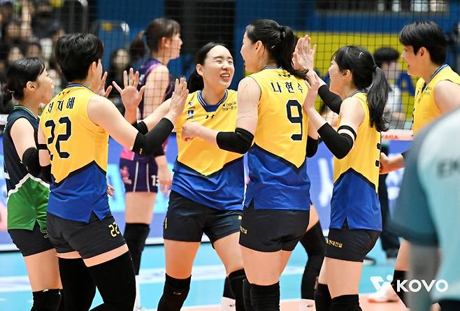 현대건설 선수들이 21일 전남 여수 진남체육관에서 열린 2025 여수·NH농협 프로배구대회 여자부 첫 경기 흥국생명전에서 득점에 성공한 뒤 기뻐하고 있다. /사진=한국배구연맹(KOVO) 제공